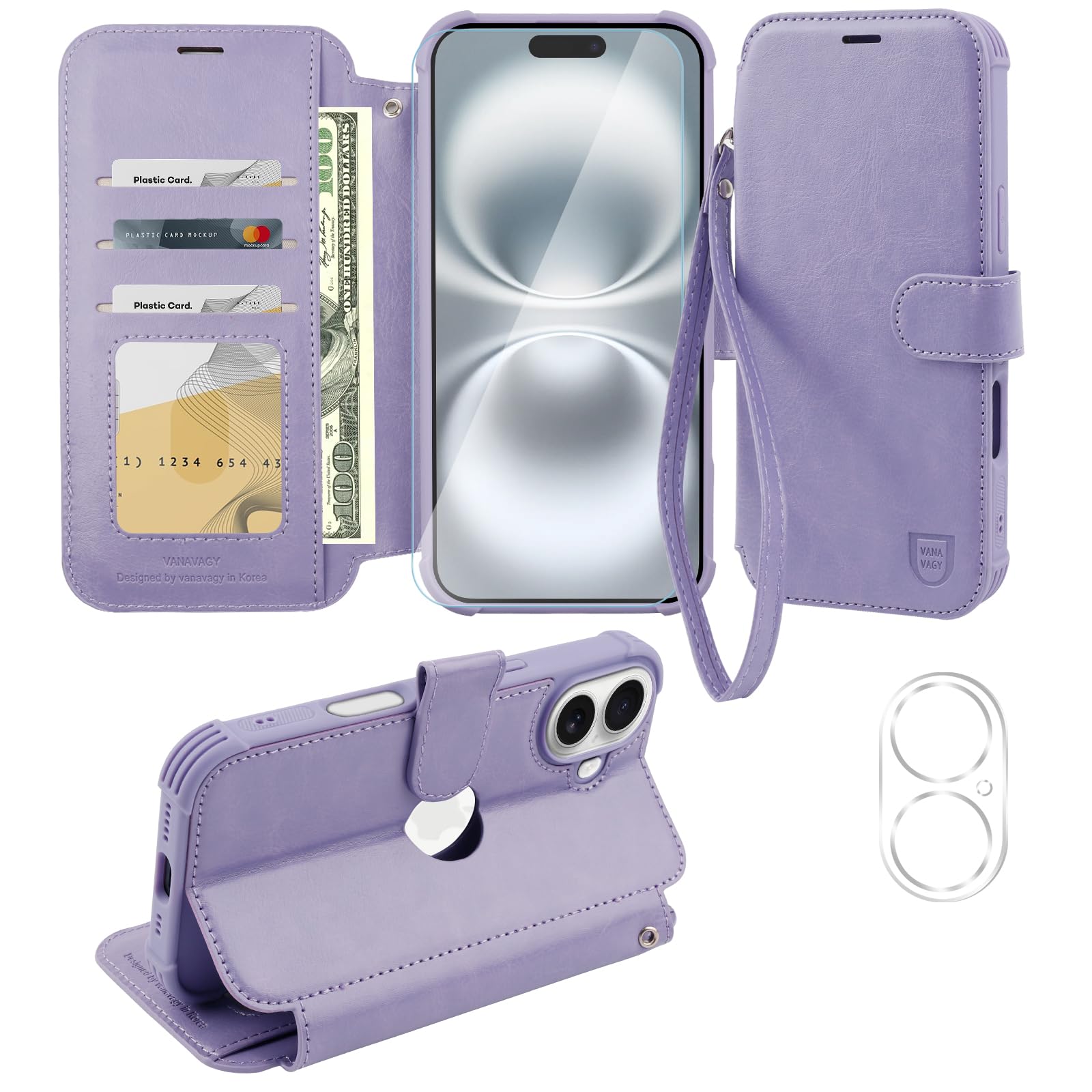 VANAVAGY Compatible for iPhone 16 Plus Wallet Case, 12ft Drop Protection, RFID Blocking PU Leather Flip Cover, Card Holder & Kickstand, Shockproof Phone Case for 16 Plus-6.7 Inch,Clove Purple