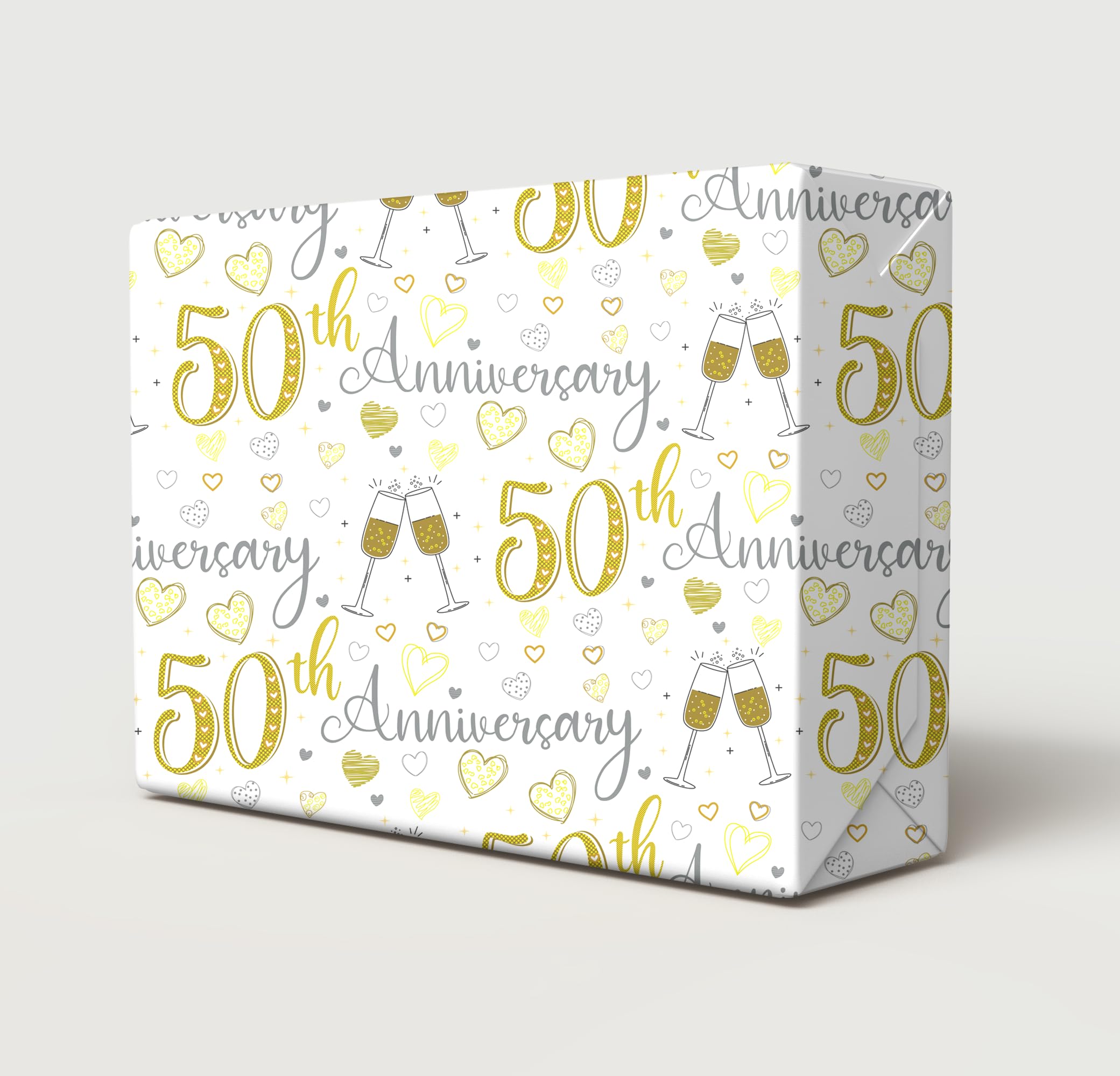2 Sheets 2 Tags 50th Wedding Anniversary Wrapping Paper Champagne Glass Design Golden Wedding Anniversary Giftwrap (PA)