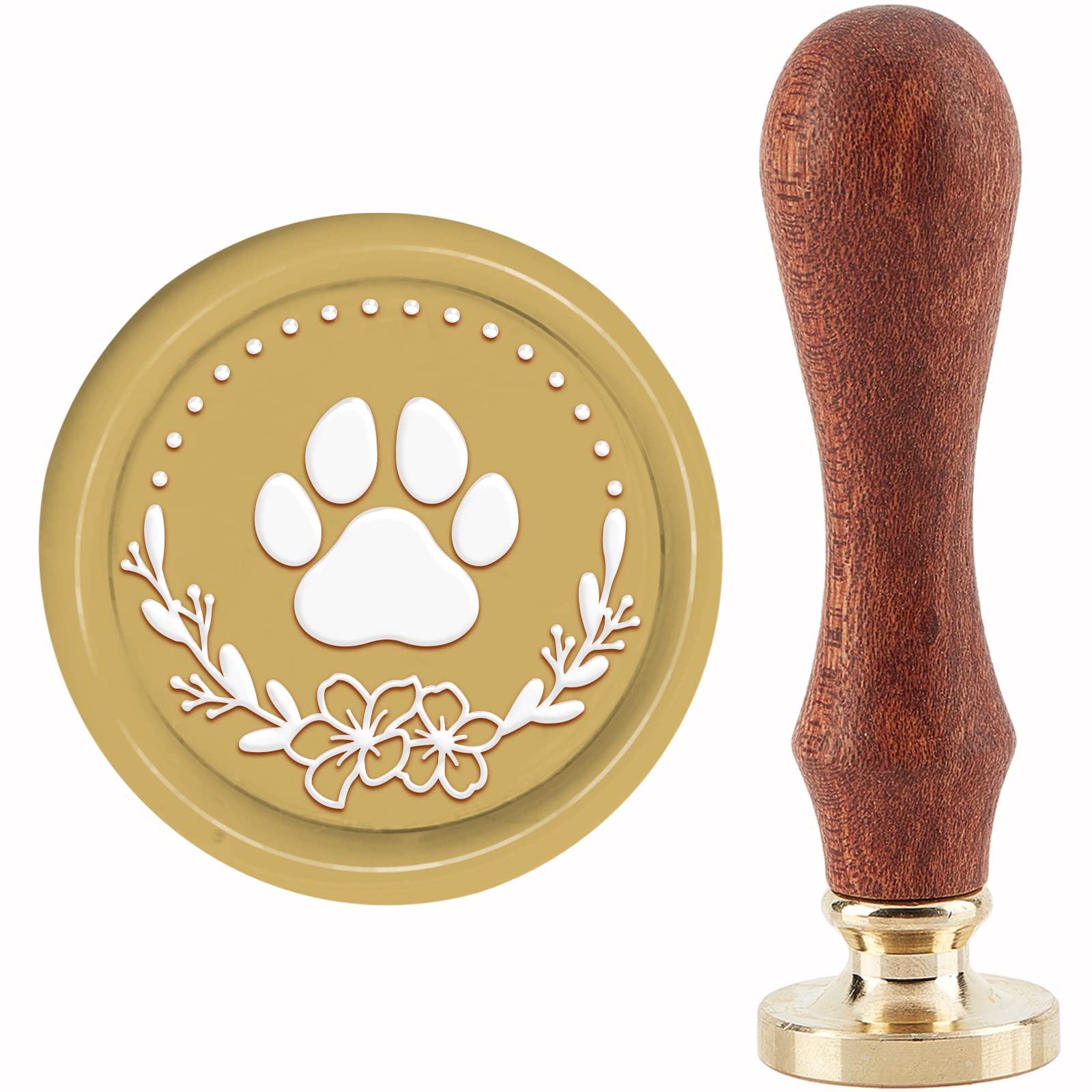 CRASPIRE Dog Paw Wax Seal Stamp Wreath Wax Stamp 30mm/1.18inch Removable Brass Head Sealing Stamp with Wooden Handle for Invitation Envelope Cards Gift Scrapbooking Decor