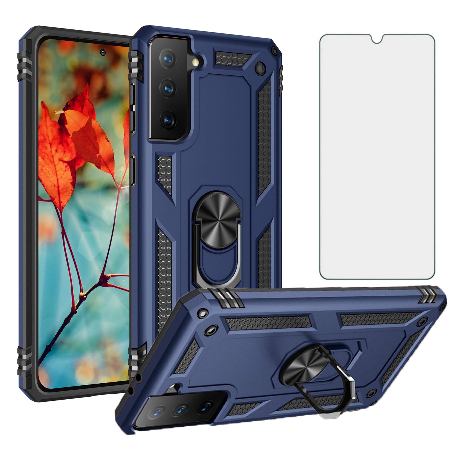 Phone Case for Samsung Galaxy S21 Glaxay S 21 5G 6.2 inch with Tempered Glass Screen Protector Stand Ring Holder Cell Accessories Heavy Duty Rugged Magnetic Gaxaly 21S G5 Women Men Girls Boys Blue