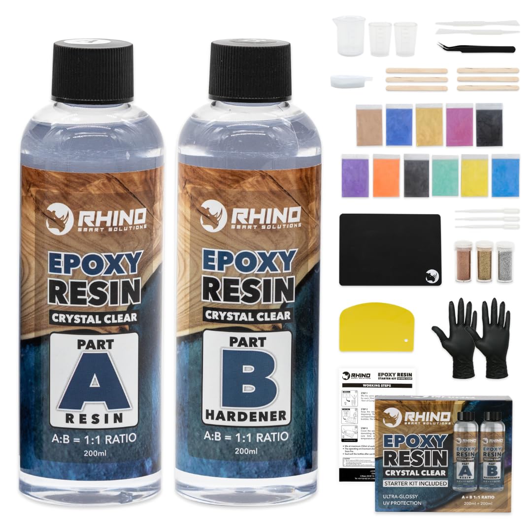 RHINO Smart Solutions Epoxy Resin and Hardener Starter Set 1:1 (400ml) Clear Resin Kit for Craft, Casting, Art, DIY, Coating, Jewelry | Accessories, Cups Colors and Mould Included for Begginers