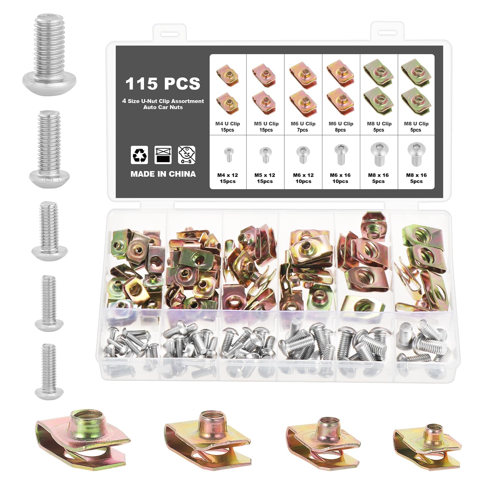 Knpwer 115 Pcs U Clips And Screws Kit,Universal Metal U-Nuts,Body Clips,U-Shaped Metal Fixing Clip, Body Screws for Car Wings