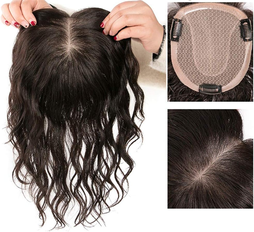 Clip in Remy Human Hair Instant Volume Hairpiece, 4.7" x 5.5" Silk Base Crown Topper for Women with Thinning Hair, 8" Dark Brown