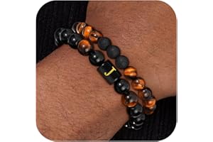 HIMSTORY Natural Stone Initial Bracelets for Men, 8MM Tiger Eye/10MM Black Onyx Stone Layered Bracelets Adjustable Initial Bead Bracelets for Men Jewelry Gifts