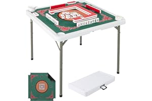 Goplus Mahjong Table, 35" Square Folding Card Table w/4Cup Holders, Anti Slip Mat, HDPE Tabletop, Metal Legs, Portable Mahjong Game Table for Domino Game, Picnic (Table w/Removable Mat, Green)