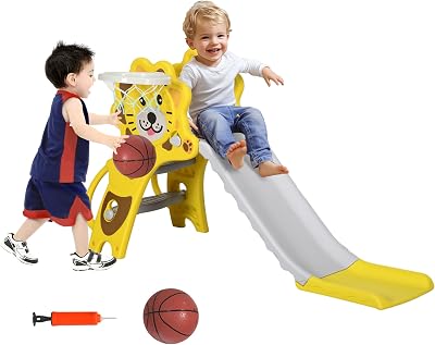AIYAPLAY Toddler Slide 3-in-1 Climber Basketball Hoop Lion Yellow 18-36 Months