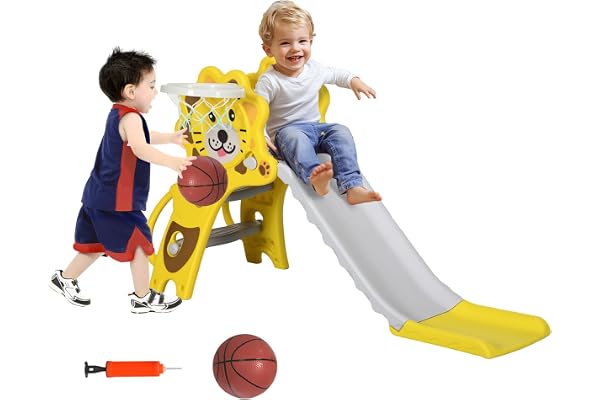 Qaba Toddler Slide with Basketball Hoop, 3 in 1 Kids Slide Indoor, Tiger-Designed Baby Climbing and Playset Playground Outdoo