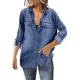 Runcati Womens Button Down Denim Shirt Long Sleeve Roll Up Casual Oversized Jean Shirt Jacket Distressed Tunic Tops