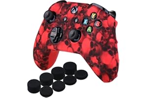YoRHa Water Transfer Printing Skull Silicone Cover Skin Case for Microsoft Xbox One X & Xbox One S Controller x 1(red) with PRO Thumb Grips x 8