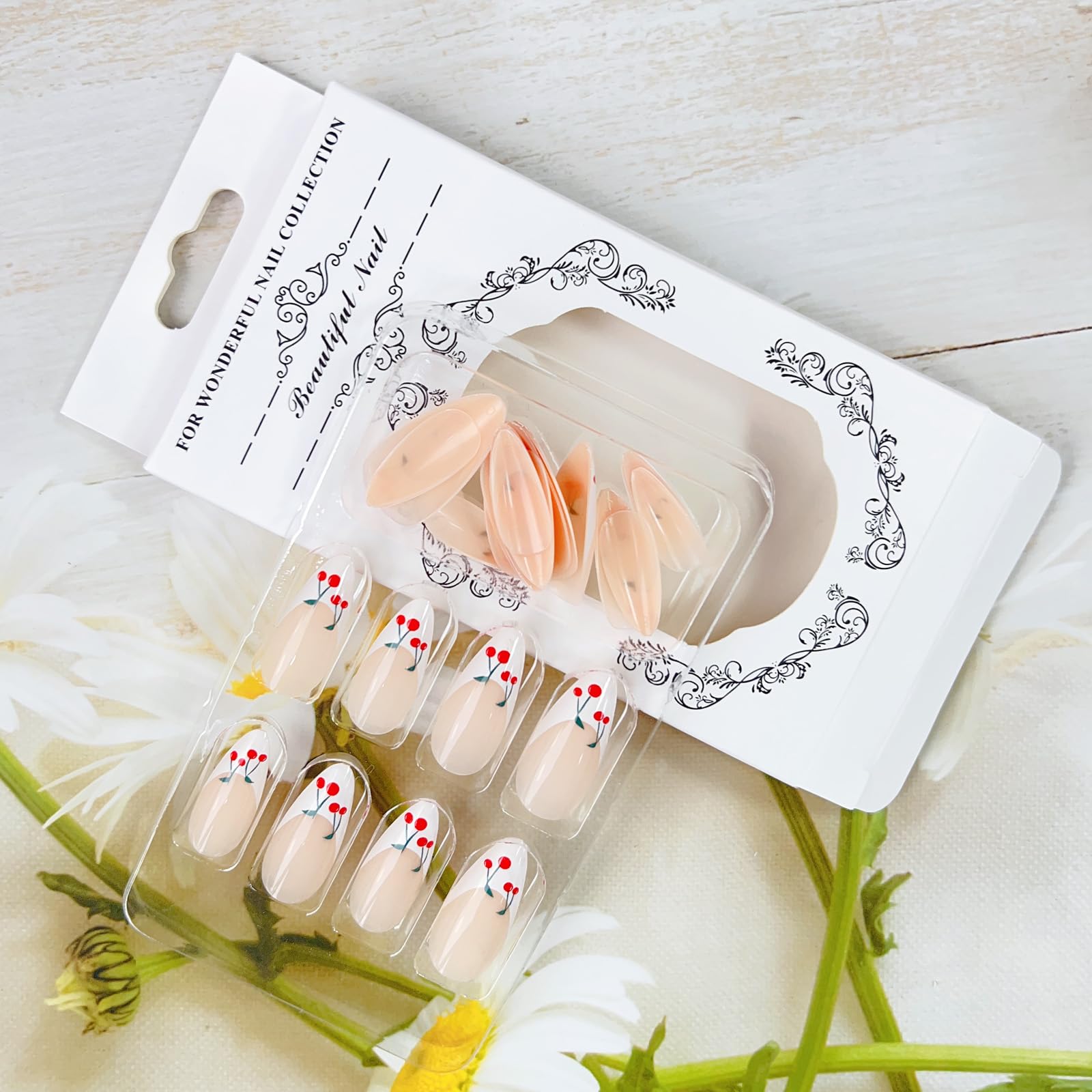 White French Tip Press on Nails Almond Summer Cherry Fake Nails Medium Length Glue on Nails Glossy Almond Medium Nails Acrylic False Nails Exquisite Design Stick on Nails for Women Girls Nail Art - Image 5