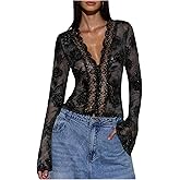 MakeMeChic Women's Floral Lace Long Sleeve Tops Deep V Neck Bell Sleeve Scallop Sheer Tee Top Shirts