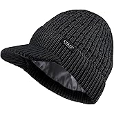 Lvaiz Womens Satin Lined Winter Beanie Hat with Brim Visor Warm Knit Cuffed Skull Baseball Cap Silk Lining Hat for Men