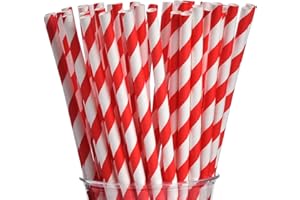 ALINK 100 Red Straws, Biodegradable Red and White Striped Paper Straws for Party, Events, Crafts, Brithday, Baby Bridal Shower, Christmas Decoration Supplies