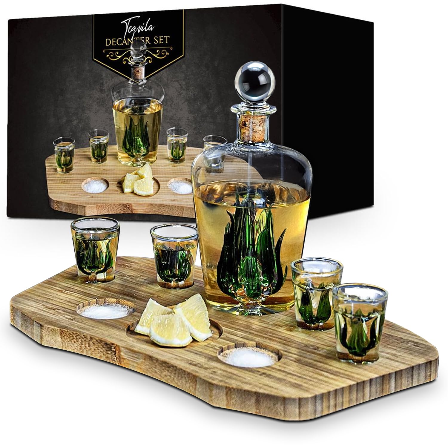 MikaMax – Tequila Decanter Set – Tequila Set – Tequila Giftset - Including 4 Tequila Glasses – Bamboo Plateau – Shot Glasses - 840 Millilitre