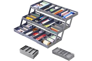 BOOKSUN Multi Level Smart Drawer Organizer – 3 Tier Expandable Drawer Organizer – Jewelry, Junk, Makeup, Silverware Storage Organizer – Perfect for Kitchen, Desk, Medicine Cabinet & More（GREY）
