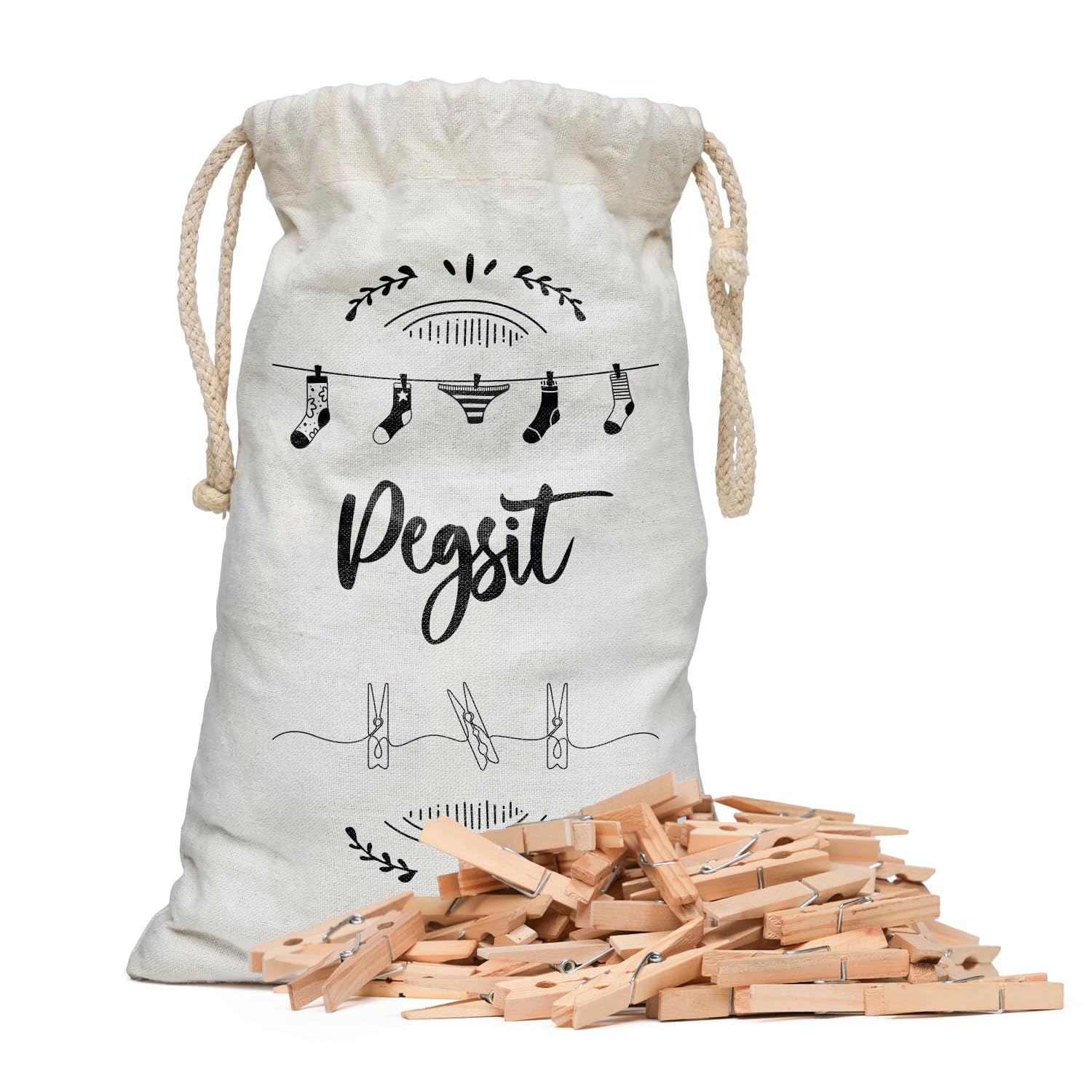 Peg Bag with 100 Pcs Wooden Pegs for Washing Line – Laundry Pegs for Small Laundry Items - Wooden Clothes Pegs for Craft, DIY Projects & Photos