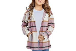 TYMIDY Girls Cute Flannel Plaid Button Down Top with Pockets Long Sleeve Hooded Jacket