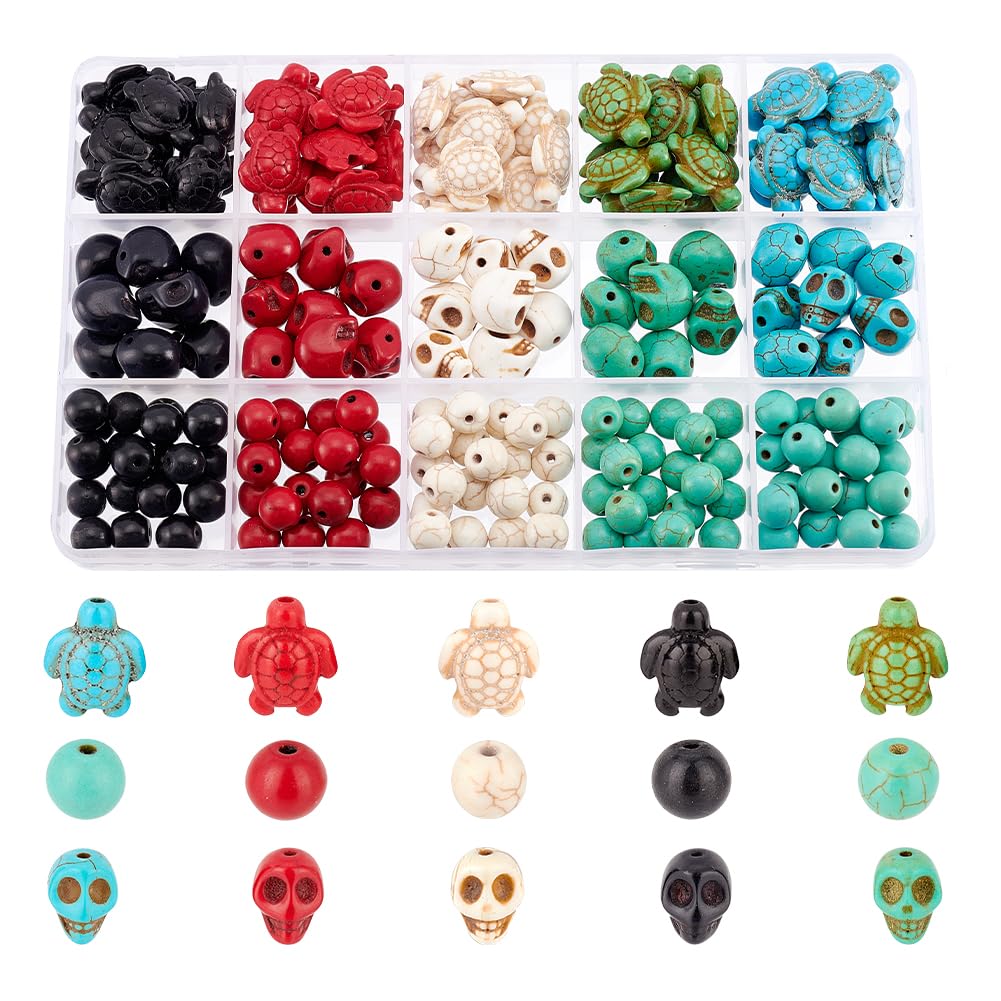 Arricraft 190 Pcs Skull Gemstone Bead Kit - 50 Tortoise and 100 Round Synthetic Turquoise for Halloween DIY Bracelet Necklaces Jewelry Making, Style 4