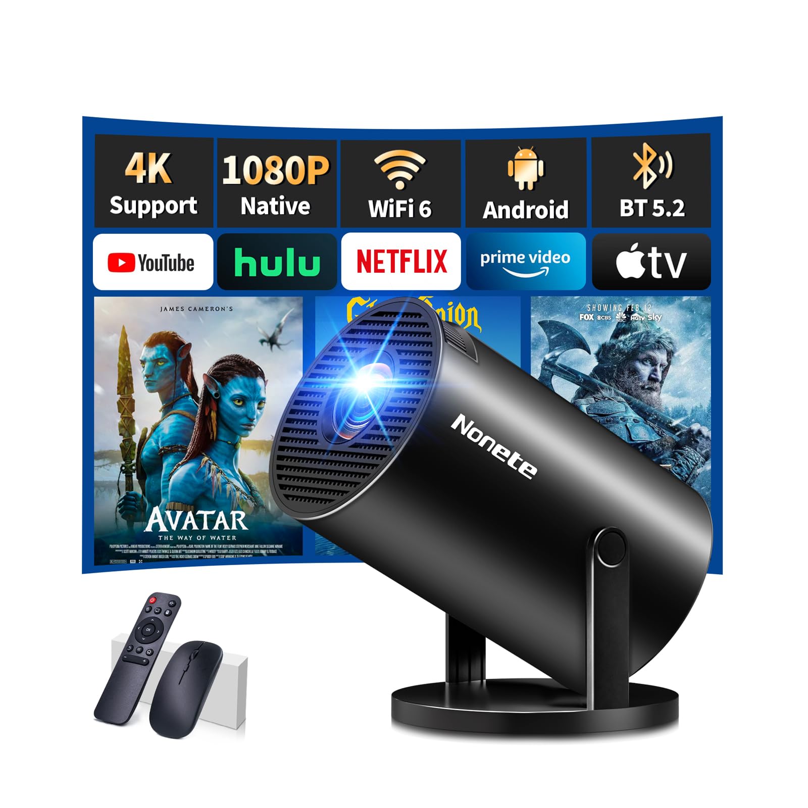 Photo 1 of ?Built-in Apps?Mini Projector 1080P, 4K Projector Full HD with WIFI 6 and Bluetooth 5.2, Support 270° Rotatable Portable Projector with Auto Keystone Correction,Compatible with Phone/HDMI/USB - Black