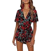 Relipop Women's Floral Rompers Jumpsuits V Neck Short Baggy Sleeve Waist Tie Double Layer Ruffle Hem Romper 2026 Trendy
