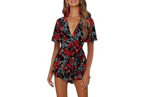 Relipop Women's Floral Rompers Jumpsuits V Neck Short Baggy Sleeve Waist Tie Double Layer Ruffle Hem Romper 2025 Trendy