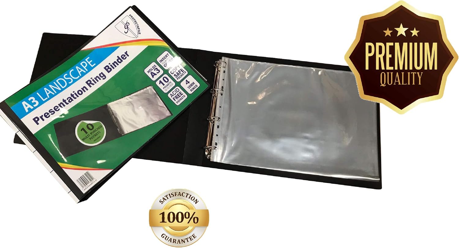A3 Deluxe Landscape 4-D Ring Binder Folder File Art Black Presentation Portfolio + 5 Sleeves - Image 4