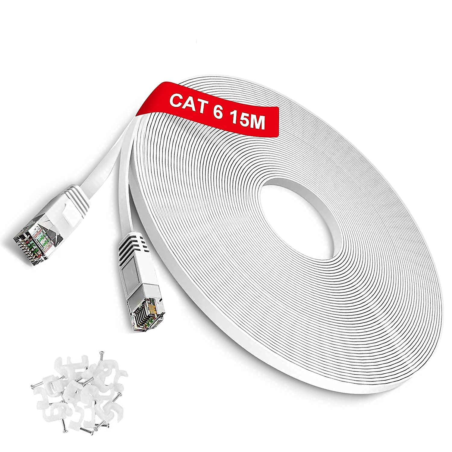 TBMax Flat Ethernet Cable 15m Long, Cat6 Ethernet Network Cable RJ45 High Speed Lan Cable UTP Internet Patch Cable for Modem,Router, White
