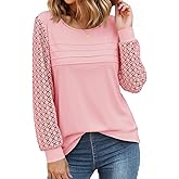 Tankaneo Womens Long Sleeve Lace Tops Casual Eyelet Tunic Shirts Crewneck Pleated Fall Blouses