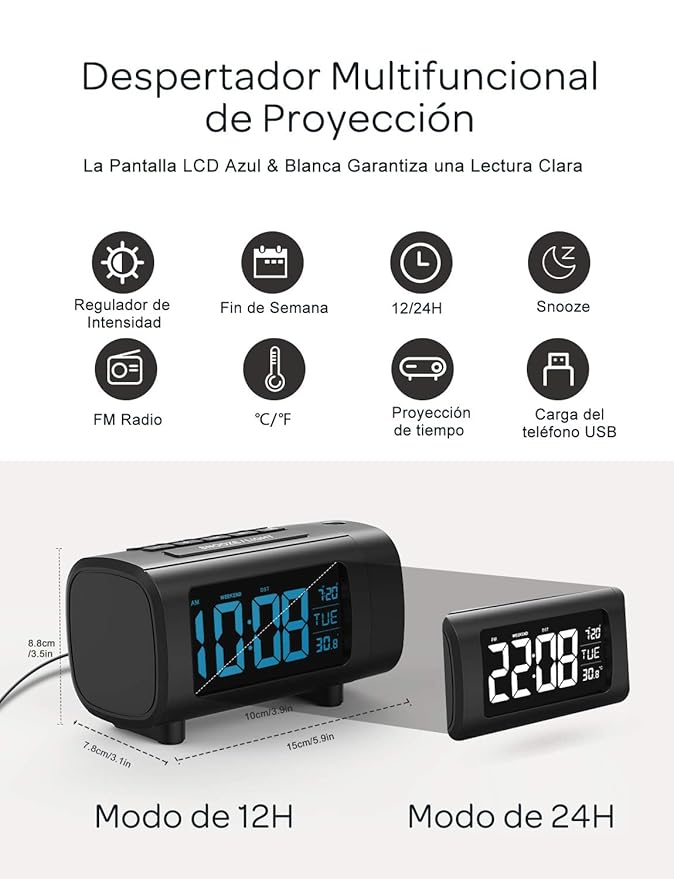 Mpow Reloj Despertador de Proyección, Radio Despertador, Reloj ...
