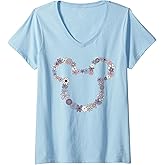Womens Disney Mickey & Friends Mickey Floral Outline V-Neck Short Sleeve T-Shirt