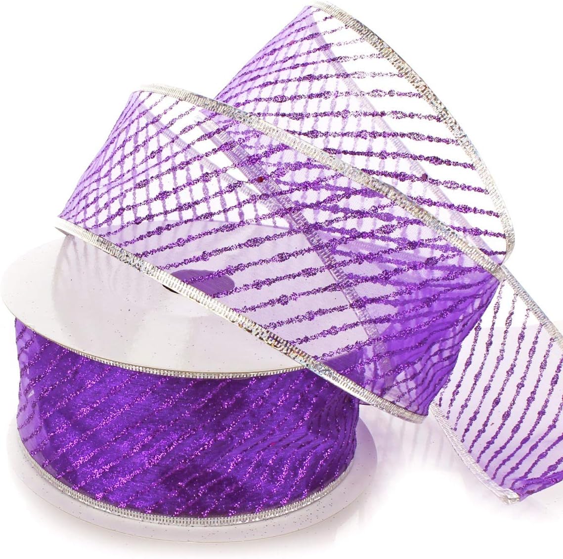 Ribbon Traditions Metallic Banded Edge Sheer Diagonal Wired Ribbon 2 1/2" by 10 Yards - Purple/Silver