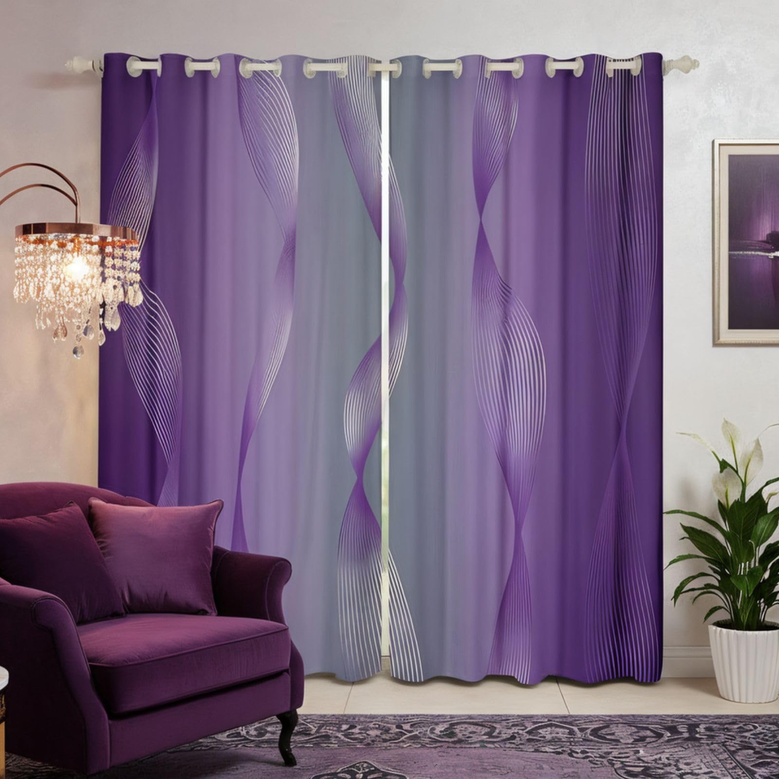 Homewish Gradient Lilac and Grey Blackout Curtains Ombre 2 Panels 66" Wx72 L Curtains & Drapes,Trippy Spiral Silver Wave Line Curtains,Abstract Art Room Decor Aesthetic