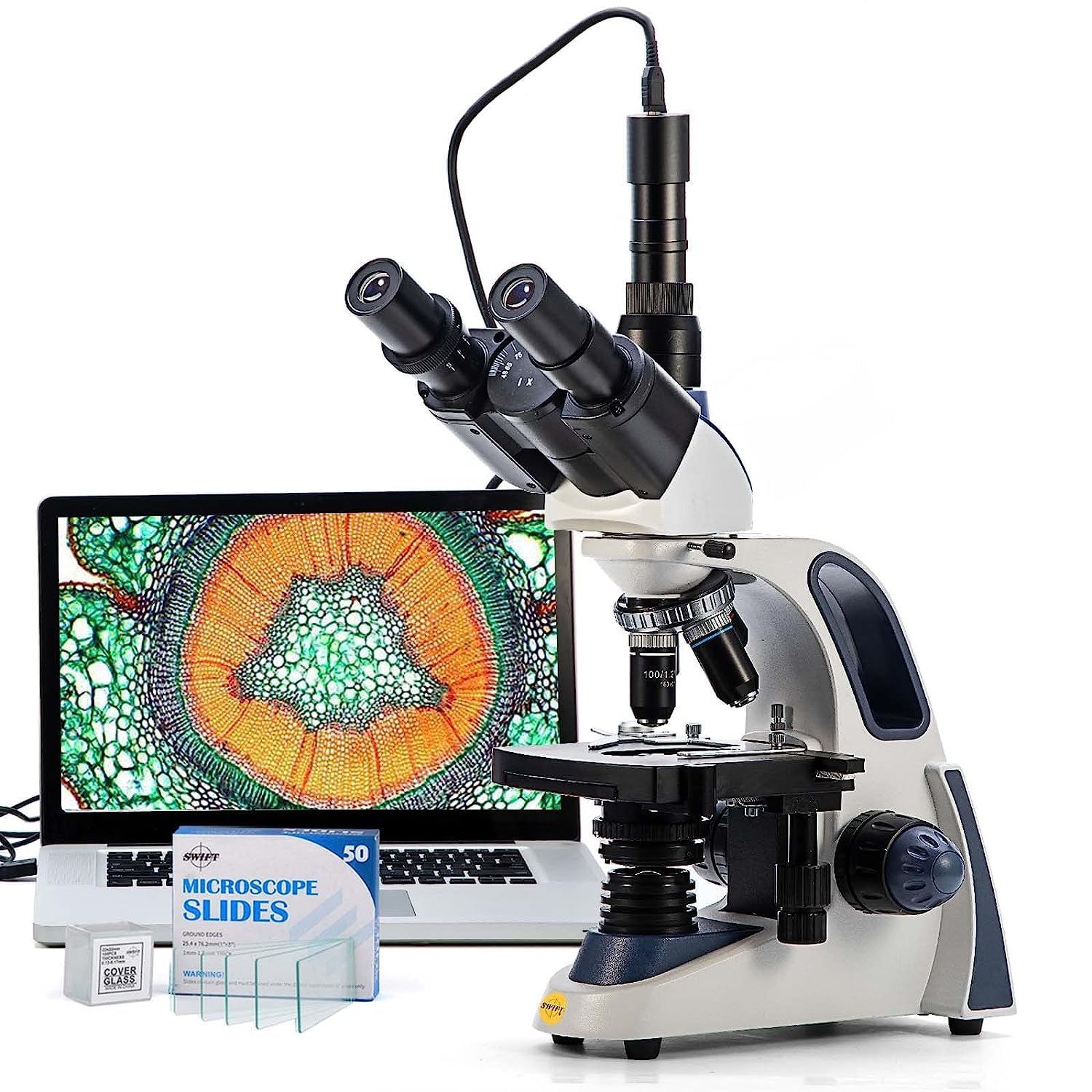 Photo 1 of Swift SW380T Compound Trinocular Microscope,40X-2500X Magnification,Two-Layer Mechanical Stage,5.0 MP Camera and Software Windows/Mac Compatible and 100 PCS Blank Slides