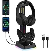 JDGPOKOO Controller Charger with RGB Headphone Stand Compatible with Nintendo Switch Pro, Charging Dock for Switch Pro Controllers with 2 USB Ports, Headphone and Controller Stand, Black