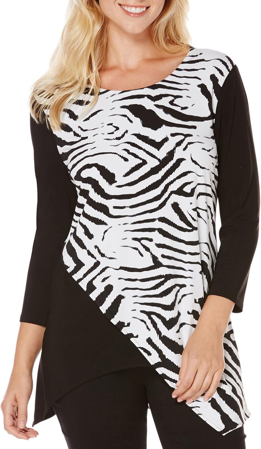 Rafaella Women's Plus Size Exploded Zebra Top, Black, 1X at Amazon