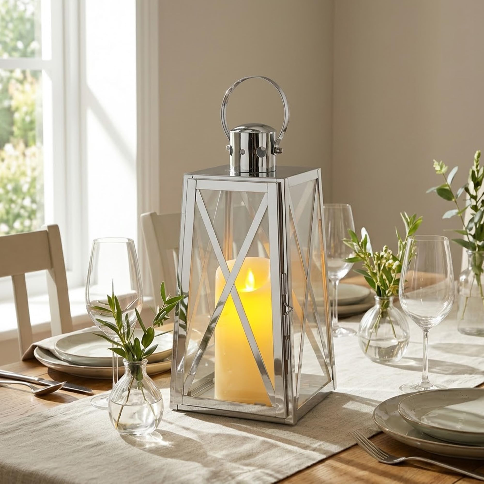 TRIROCKS 30 cm High Stainless Steel Decorative Lantern Metal Candle Holder with Clear Glass Panels Perfect for Home Decor Living Room Parties Events Tabletop Indoors Outdoors(Silver)