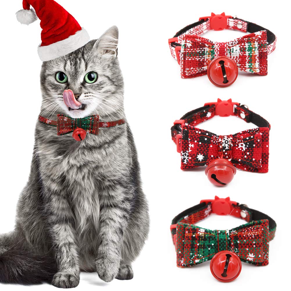 Boerni 3 Pack Christmas Cat Collars, Santa Kitten Collars, Adjustable Cat Bow Tie Collars with Bells