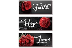 DONFENTHY 3 PCS Red Bathroom Decor Inspirational Red Rose Wall Decor with Hope Love Faith Positive Word Wooden Farmhouse Wall Art For Home Bedrooms Living Rooms Office Kitchen(Red Rose 10x4")