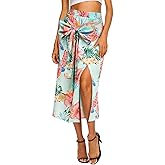Ezcosplay Women Hawaiian Midi Skirt with Slit Tropical Floral Long Skirt Self Bow Tie Vacation Beach Split Skirts