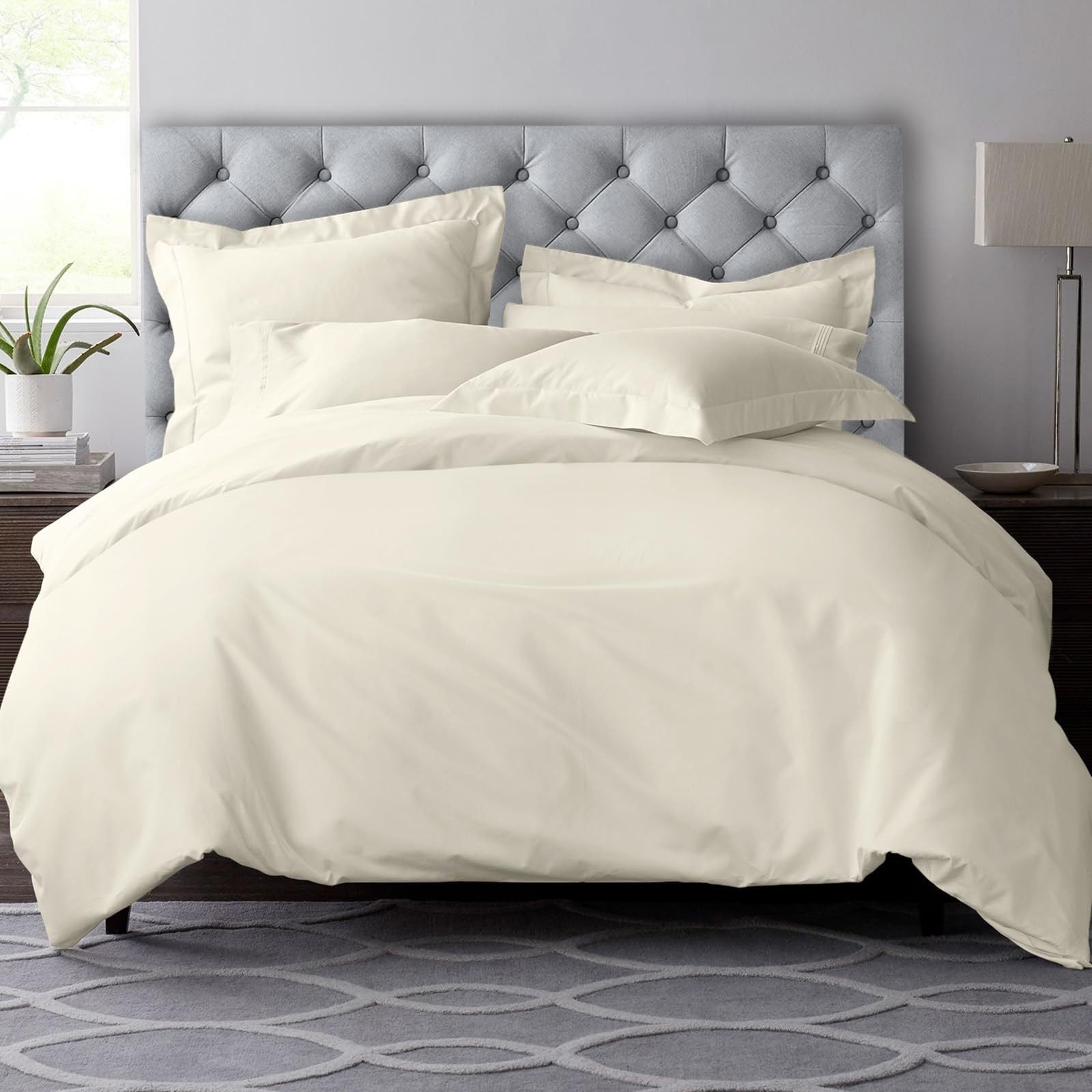 Pizuna Pure Combed Cotton Double Duvet Cover Set Ivory, 600 Thread Count 100% Long Staple Cotton Duvet Cover Double 200x200cm, Sateen Quilt Cover with Button Closure (Duvet Cover Double)