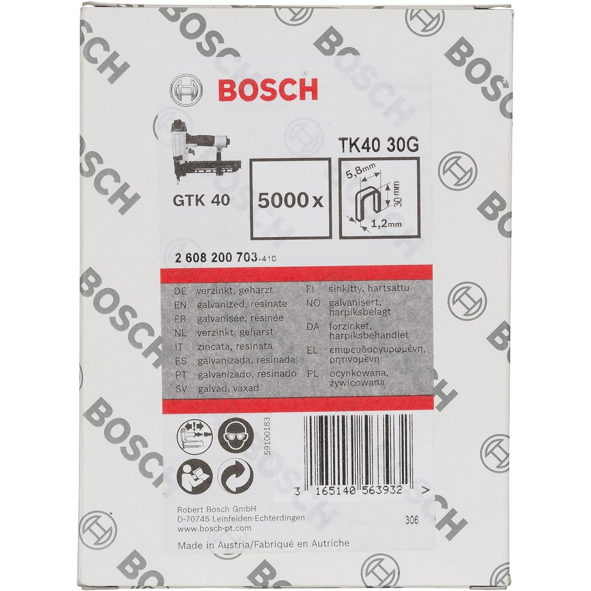 Bosch Professional 5000x Narrow Crown Staple TK40 30G (Plasterboard, Insulating material, 1.2 mm, 30 mm, Galvanised Version, Resin Coated, Accessories Pneumatic Stapler)