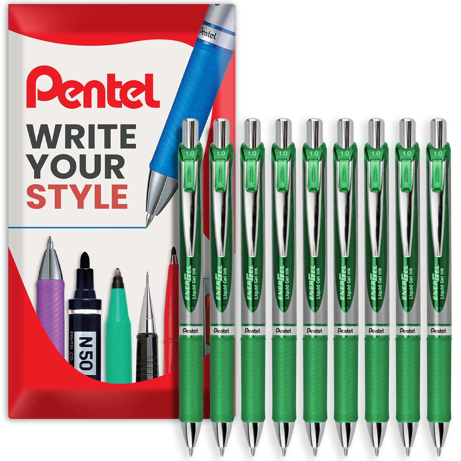 Pentel Energel BL80 - Retractable Liquid Gel Ink Pen - 1.0mm - Pack of 9 - Green - In Envelope Gift Packaging