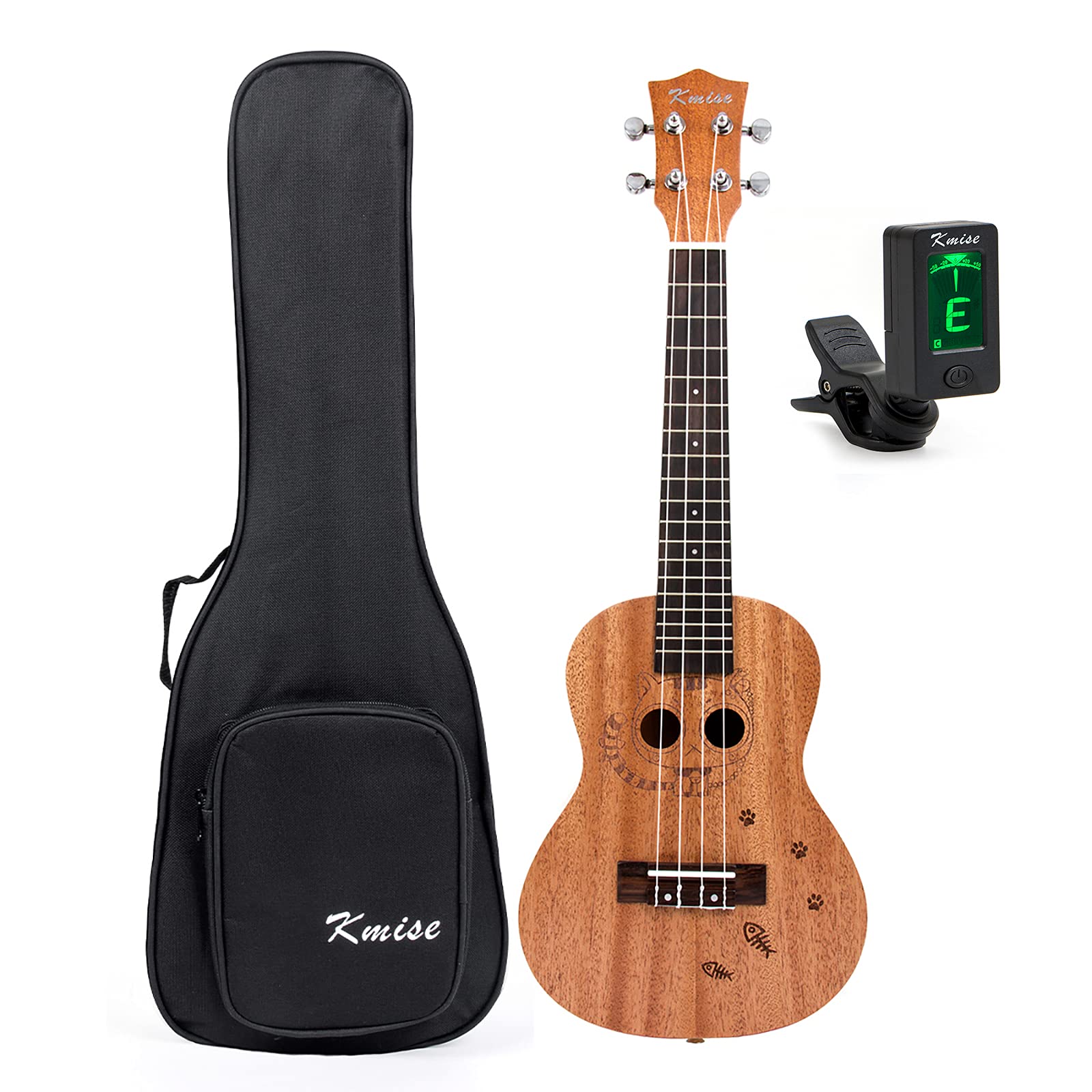 Kmise Concert Ukulele 23 inch Hawaii Guitar Mahogany Carved Cat W/Bag and Tuner Image