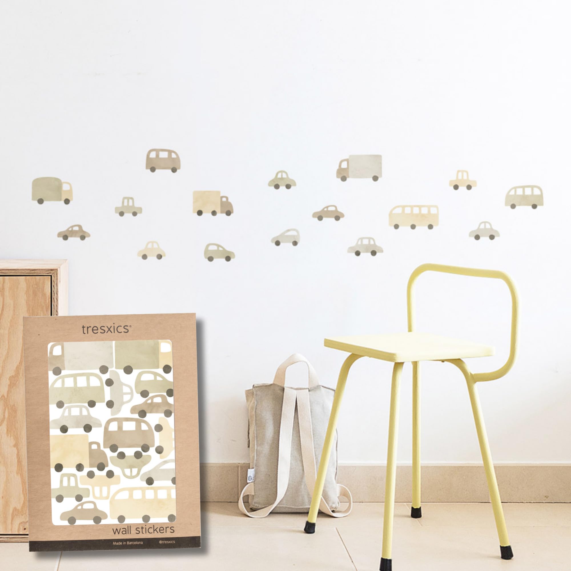 TRESXICS Decorative Wall Stickers for Children Cars and Trucks, 96 Pieces, Original and Durable Vinyl Wall Sticker, Children's Wallpaper Effect, Easy Application and Removable (Yellow)