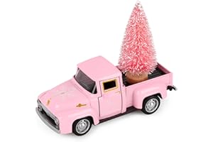 Lemicin Christmas Metal Truck Decor with Pink Christmas Tree Mini Metal Farm Truck Farmhouse Tiered Tray Decor for Home Kitchen Tabletop Ornament Home Kitchen Table Decorations