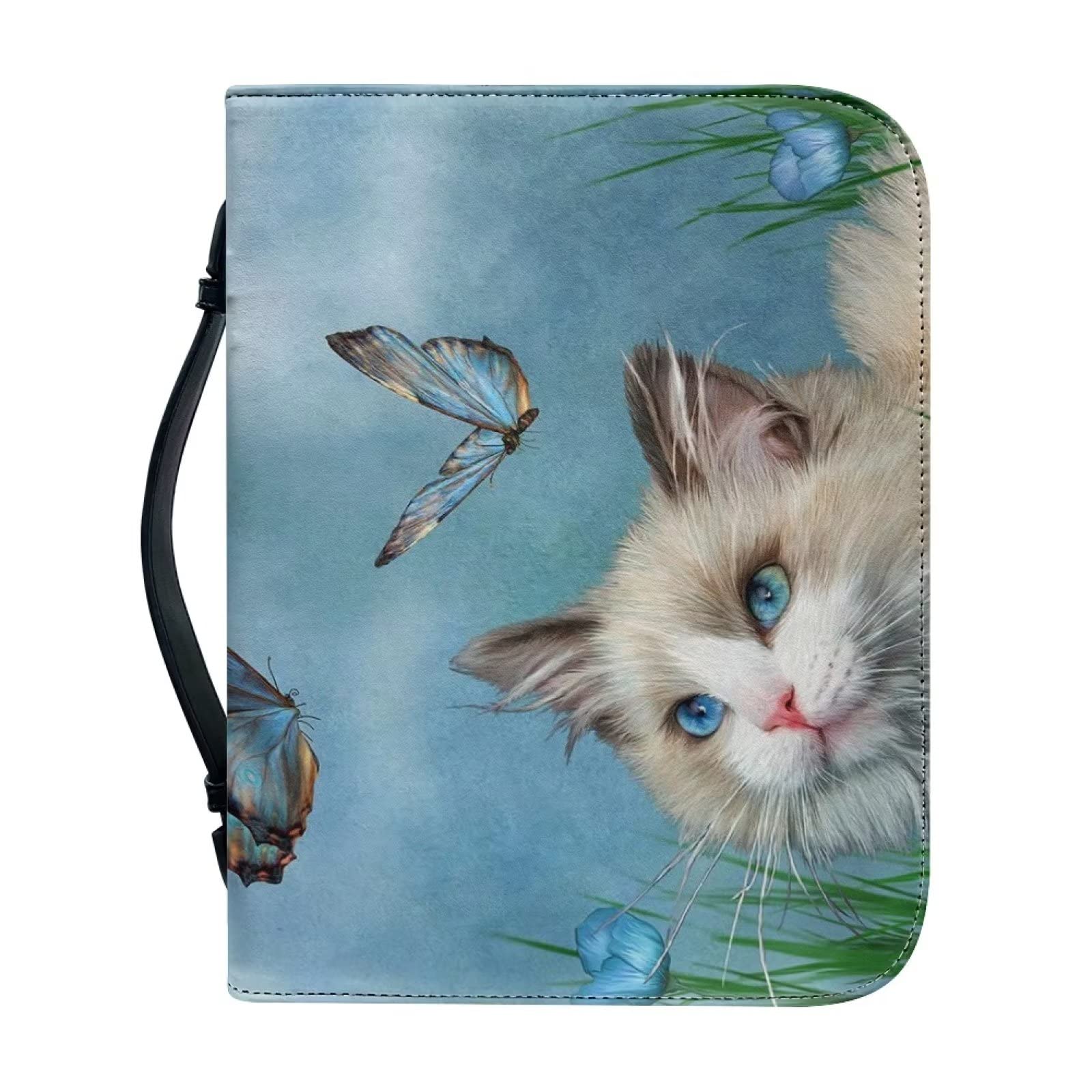 COEQINE Muppet Cat Print Leather Bible Cover, Waterproof Cut Cat Butterfly Print Church Bag Book Case Bag for Women Size M
