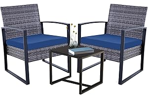 IJIALIFE 3 Pieces Patio Bistro Sets, Outdoor Wicker Furniture Set,Rattan Conversation with Coffee Table for Yard Balcon Garden,Gray Rattan/Blue Cushion