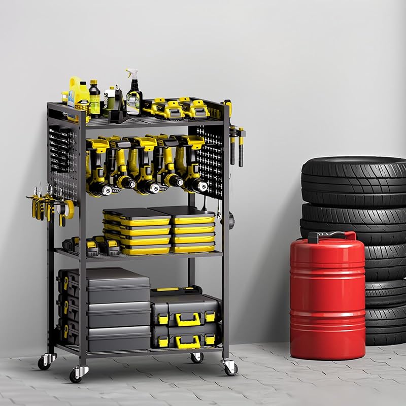 Carrello Portautensili a 4 Ripiani, Capacità di Carico 68 kg Carrello Porta Attrezzi con Ruote per Trapano e Rastrelliera di Stoccaggio Stabile, per Impieghi Gravosi per Officina, Garage, Nero