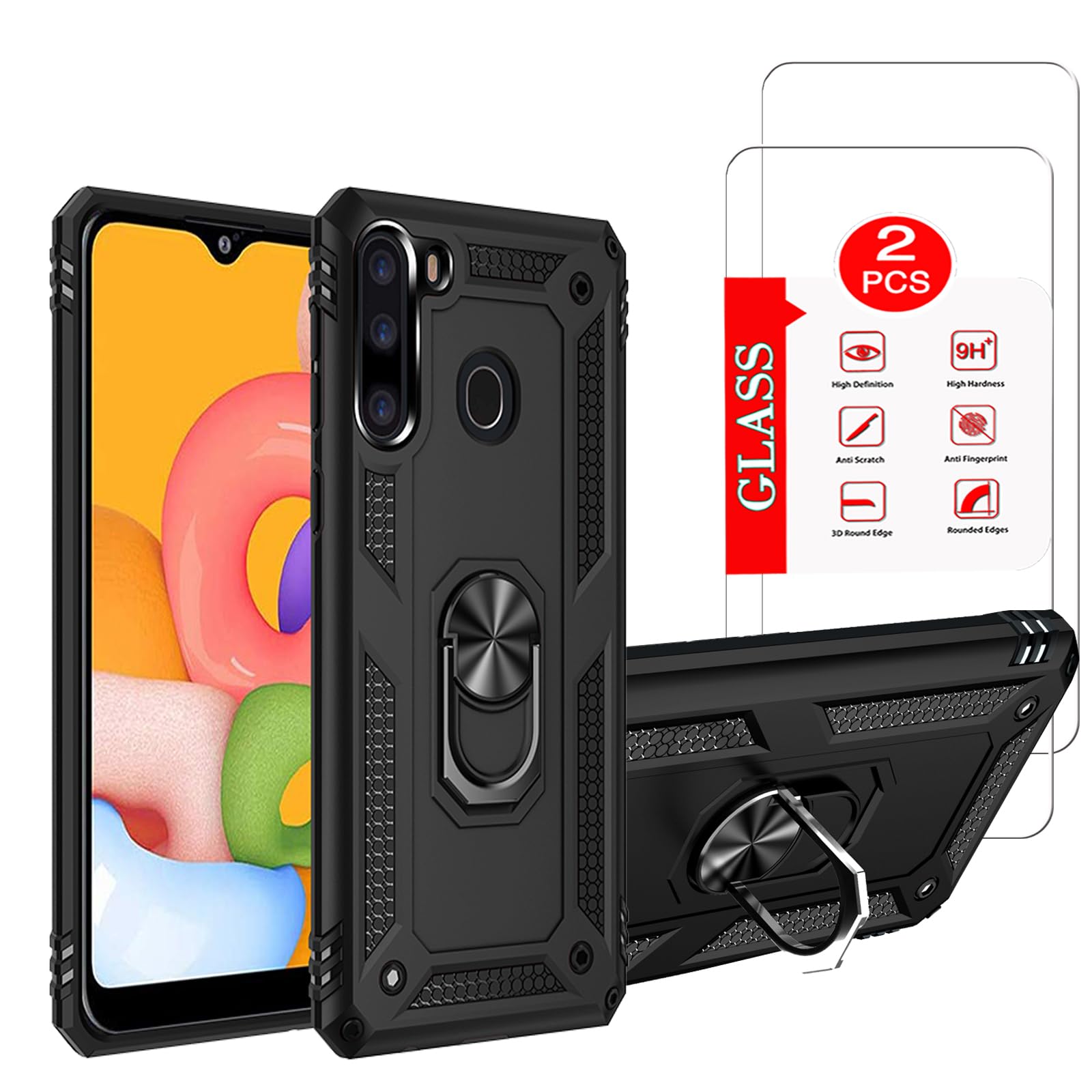 Photo 1 of Anvzle for Samsung Galaxy A21 Case with [2 Pack] Tempered Glass Screen Protector, for Galaxy A21 Heavy Duty Armor [Military-Grade] Protective, with Magnetic Ring Stand Phone Case Black