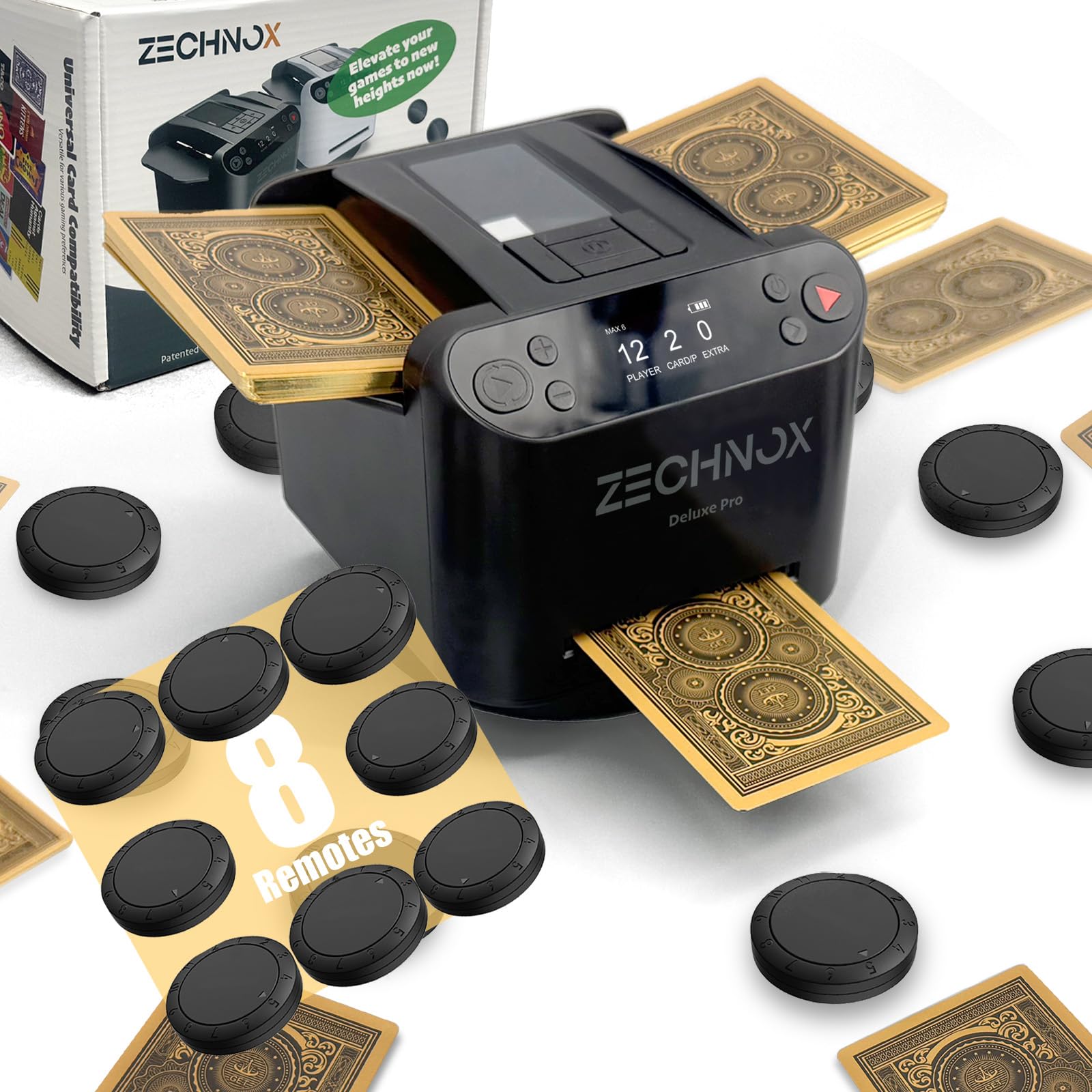 Photo 1 of 2025 New Smart 2-in-1 Automatic Card Shuffler and Dealer,Programmable Card Dealer,Card Shuffler 2 Deck,360° Rotation,Ultra Quiet,Rechargeable,Support 12 Players (Black Pro+8 remotes)